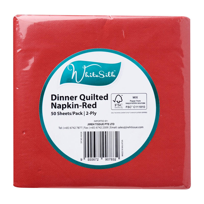 Pack of Whitesilk red quilted napkins with 50 sheets, 2 ply thickness.