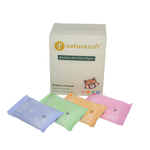 Box of naturesoft bamboo mini wet wipes with colorful packages on a white background