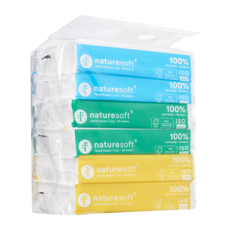 Naturesoft 3Ply Travel Pack tissue that are made in bamboo pulp.