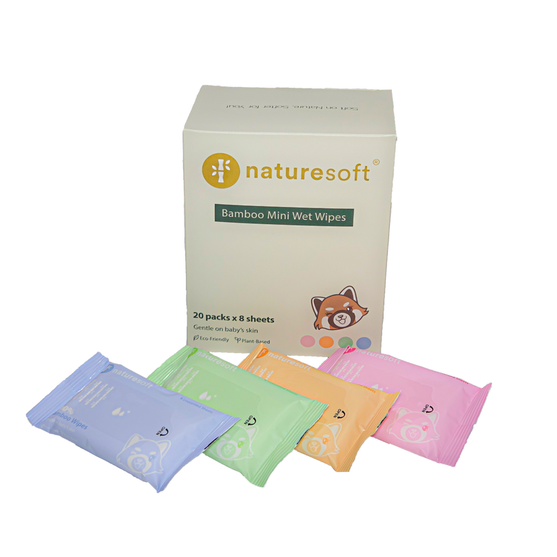 Box of naturesoft bamboo mini wet wipes with colorful packages on a white background