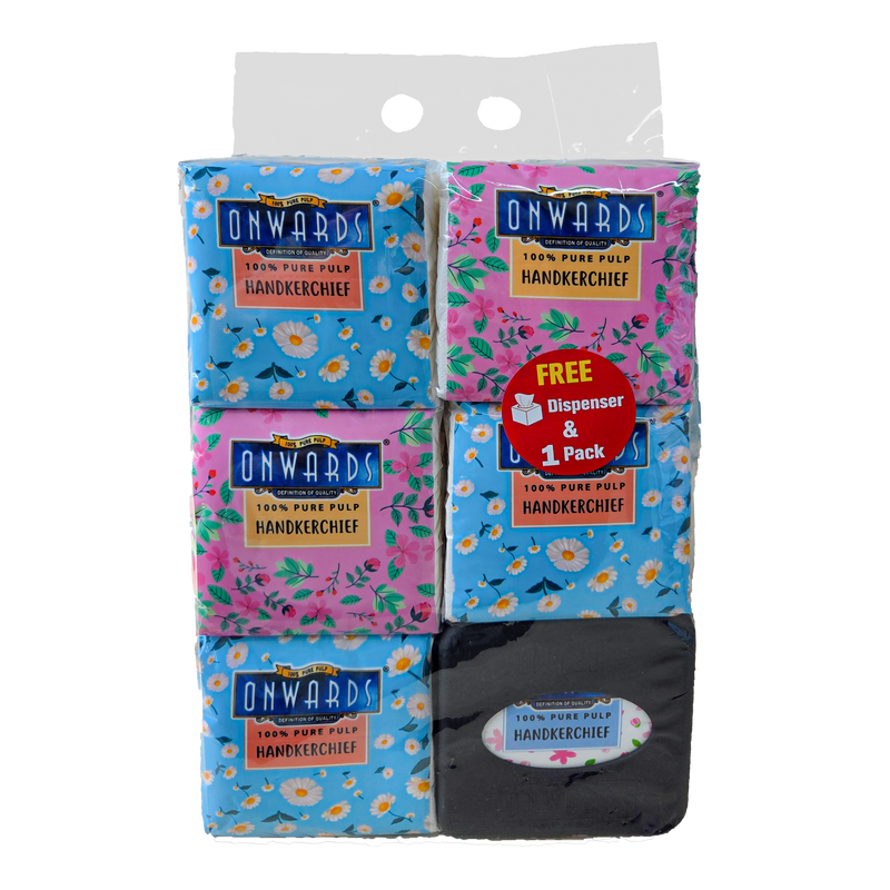 Packaged handkerchiefs with floral designs and 'Onwards' branding on a white background.